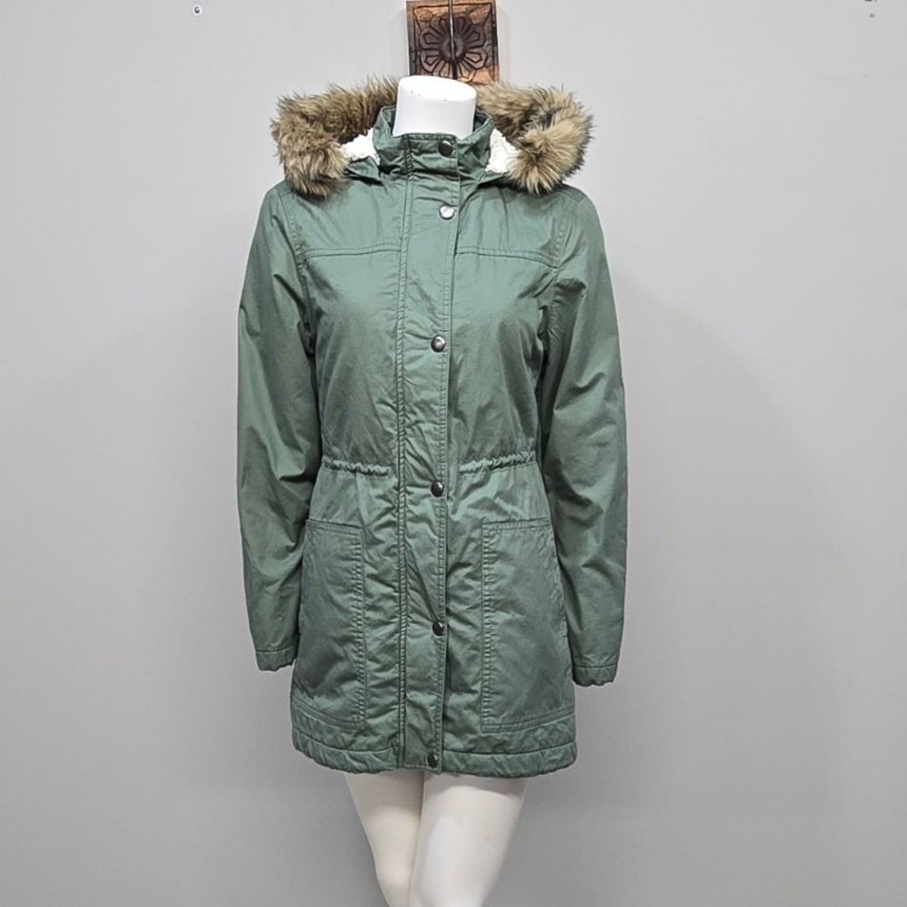 GAP Parka Winter Coat Small Army Green Sherpa Lined Faux Fur Hood Utility Jacket